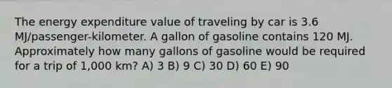 The energy expenditure value of traveling by car is 3.6 MJ/passenger-kilometer. A gallon of gasoline contains 120 MJ. Approximately how many gallons of gasoline would be required for a trip of 1,000 km? A) 3 B) 9 C) 30 D) 60 E) 90