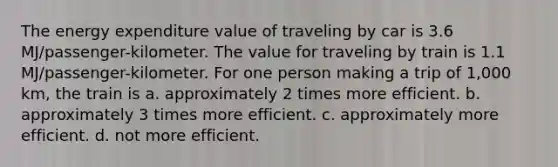 The energy expenditure value of traveling by car is 3.6 MJ/passenger-kilometer. The value for traveling by train is 1.1 MJ/passenger-kilometer. For one person making a trip of 1,000 km, the train is a. approximately 2 times more efficient. b. approximately 3 times more efficient. c. approximately more efficient. d. not more efficient.