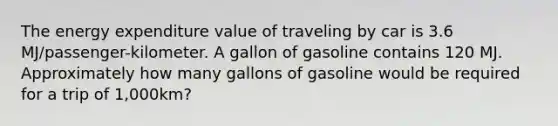 The energy expenditure value of traveling by car is 3.6 MJ/passenger-kilometer. A gallon of gasoline contains 120 MJ. Approximately how many gallons of gasoline would be required for a trip of 1,000km?