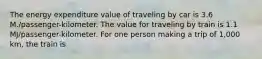 The energy expenditure value of traveling by car is 3.6 M./passenger-kilometer. The value for traveling by train is 1.1 MJ/passenger-kilometer. For one person making a trip of 1,000 km, the train is