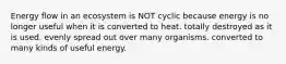 Energy flow in an ecosystem is NOT cyclic because energy is no longer useful when it is converted to heat. totally destroyed as it is used. evenly spread out over many organisms. converted to many kinds of useful energy.