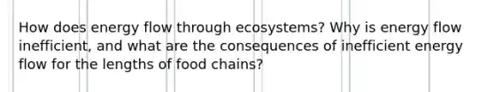 How does energy flow through ecosystems? Why is energy flow inefficient, and what are the consequences of inefficient energy flow for the lengths of food chains?