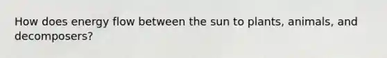 How does energy flow between the sun to plants, animals, and decomposers?