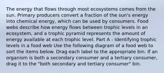 The energy that flows through most ecosystems comes from the sun. <a href='https://www.questionai.com/knowledge/kJXIKnnboC-primary-producers' class='anchor-knowledge'>primary producers</a> convert a fraction of the sun's energy into chemical energy, which can be used by consumers. Food webs describe how energy flows between <a href='https://www.questionai.com/knowledge/k3OtRh2eOm-trophic-level' class='anchor-knowledge'>trophic level</a>s in an ecosystem, and a trophic pyramid represents the amount of energy available at each trophic level. Part A - Identifying trophic levels in a food web Use the following diagram of a food web to sort the items below. Drag each label to the appropriate bin. If an organism is both a secondary consumer and a tertiary consumer, drag it to the "both secondary and tertiary consumer" bin.