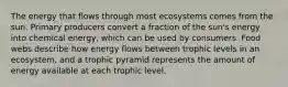 The energy that flows through most ecosystems comes from the sun. Primary producers convert a fraction of the sun's energy into chemical energy, which can be used by consumers. Food webs describe how energy flows between trophic levels in an ecosystem, and a trophic pyramid represents the amount of energy available at each trophic level.