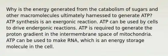 Why is the energy generated from the catabolism of sugars and other macromolecules ultimately harnessed to generate ATP? ATP synthesis is an exergonic reaction. ATP can be used by cells to drive endergonic reactions. ATP is required to generate the proton gradient in the intermembrane space of mitochondria. ATP can be used to make RNA, which is an energy storage molecule in the cell.