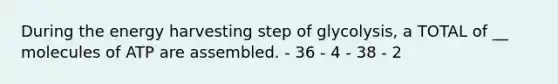 During the energy harvesting step of glycolysis, a TOTAL of __ molecules of ATP are assembled. - 36 - 4 - 38 - 2