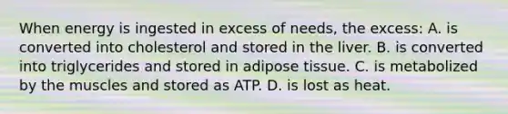 When energy is ingested in excess of needs, the excess: A. is converted into cholesterol and stored in the liver. B. is converted into triglycerides and stored in adipose tissue. C. is metabolized by the muscles and stored as ATP. D. is lost as heat.