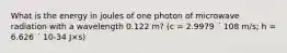 What is the energy in joules of one photon of microwave radiation with a wavelength 0.122 m? (c = 2.9979 ´ 108 m/s; h = 6.626 ´ 10-34 J×s)