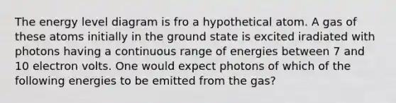 The energy level diagram is fro a hypothetical atom. A gas of these atoms initially in the ground state is excited iradiated with photons having a continuous range of energies between 7 and 10 electron volts. One would expect photons of which of the following energies to be emitted from the gas?