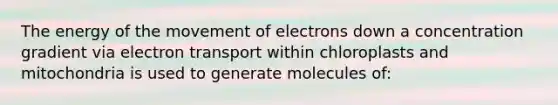 The energy of the movement of electrons down a concentration gradient via electron transport within chloroplasts and mitochondria is used to generate molecules of: