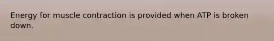 Energy for <a href='https://www.questionai.com/knowledge/k0LBwLeEer-muscle-contraction' class='anchor-knowledge'>muscle contraction</a> is provided when ATP is broken down.