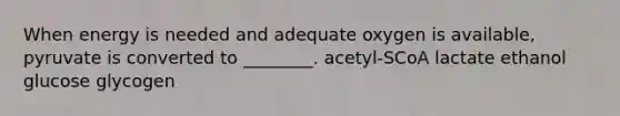 When energy is needed and adequate oxygen is available, pyruvate is converted to ________. acetyl-SCoA lactate ethanol glucose glycogen