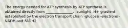 The energy needed for ATP synthesis by ATP synthase is obtained directly from _______________. -sunlight -H+ gradient established by the electron transport chain -glucose -electrons -NADH and FADH2