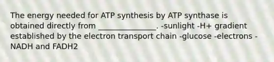 The energy needed for ATP synthesis by ATP synthase is obtained directly from _______________. -sunlight -H+ gradient established by the electron transport chain -glucose -electrons -NADH and FADH2