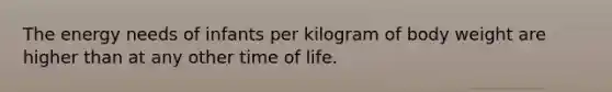 The energy needs of infants per kilogram of body weight are higher than at any other time of life.