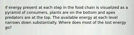 if energy present at each step in the food chain is visualized as a pyramid of consumers, plants are on the bottom and apex predators are at the top. The available energy at each level narrows down substantially. Where does most of the lost energy go?