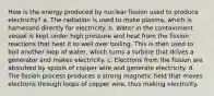 How is the energy produced by nuclear fission used to produce electricity? a. The radiation is used to make plasma, which is harnessed directly for electricity. b. Water in the containment vessel is kept under high pressure and heat from the fission reactions that heat it to well over boiling. This is then used to boil another loop of water, which turns a turbine that drives a generator and makes electricity. c. Electrons from the fission are absorbed by spools of copper wire and generate electricity. d. The fission process produces a strong magnetic field that moves electrons through loops of copper wire, thus making electricity.