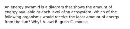 An energy pyramid is a diagram that shows the amount of energy available at each level of an ecosystem. Which of the following organisms would receive the least amount of energy from the sun? Why? A. owl B. grass C. mouse