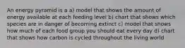 An energy pyramid is a a) model that shows the amount of energy available at each feeding level b) chart that shows which species are in danger of becoming extinct c) model that shows how much of each food group you should eat every day d) chart that shows how carbon is cycled throughout the living world
