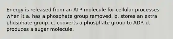 Energy is released from an ATP molecule for cellular processes when it a. has a phosphate group removed. b. stores an extra phosphate group. c. converts a phosphate group to ADP. d. produces a sugar molecule.