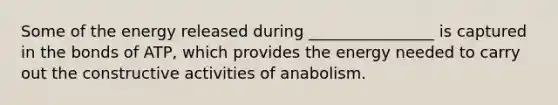 Some of the energy released during ________________ is captured in the bonds of ATP, which provides the energy needed to carry out the constructive activities of anabolism.