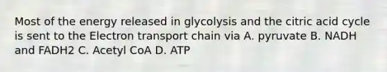 Most of the energy released in glycolysis and the citric acid cycle is sent to the Electron transport chain via A. pyruvate B. NADH and FADH2 C. Acetyl CoA D. ATP