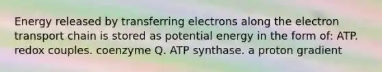 Energy released by transferring electrons along the electron transport chain is stored as potential energy in the form of: ATP. redox couples. coenzyme Q. ATP synthase. a proton gradient