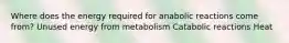 Where does the energy required for anabolic reactions come from? Unused energy from metabolism Catabolic reactions Heat