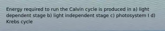 Energy required to run the Calvin cycle is produced in a) light dependent stage b) light independent stage c) photosystem I d) Krebs cycle