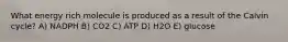 What energy rich molecule is produced as a result of the Calvin cycle? A) NADPH B) CO2 C) ATP D) H2O E) glucose
