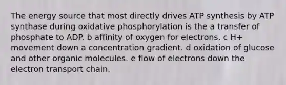 The energy source that most directly drives ATP synthesis by ATP synthase during oxidative phosphorylation is the a transfer of phosphate to ADP. b affinity of oxygen for electrons. c H+ movement down a concentration gradient. d oxidation of glucose and other organic molecules. e flow of electrons down the electron transport chain.