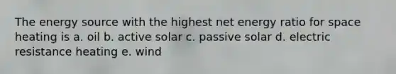 The energy source with the highest net energy ratio for space heating is a. oil b. active solar c. passive solar d. electric resistance heating e. wind