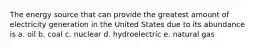 The energy source that can provide the greatest amount of electricity generation in the United States due to its abundance is a. oil b. coal c. nuclear d. hydroelectric e. natural gas