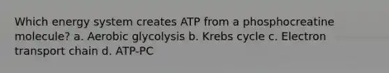 Which energy system creates ATP from a phosphocreatine molecule? a. Aerobic glycolysis b. <a href='https://www.questionai.com/knowledge/kqfW58SNl2-krebs-cycle' class='anchor-knowledge'>krebs cycle</a> c. Electron transport chain d. ATP-PC