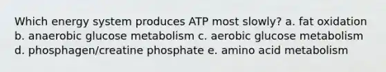 Which energy system produces ATP most slowly? a. fat oxidation b. anaerobic glucose metabolism c. aerobic glucose metabolism d. phosphagen/creatine phosphate e. amino acid metabolism