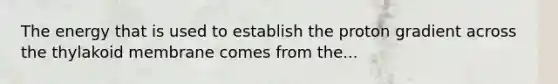 The energy that is used to establish the proton gradient across the thylakoid membrane comes from the...