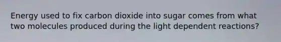 Energy used to fix carbon dioxide into sugar comes from what two molecules produced during the light dependent reactions?