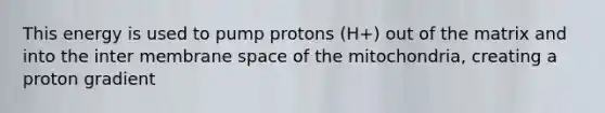 This energy is used to pump protons (H+) out of the matrix and into the inter membrane space of the mitochondria, creating a proton gradient