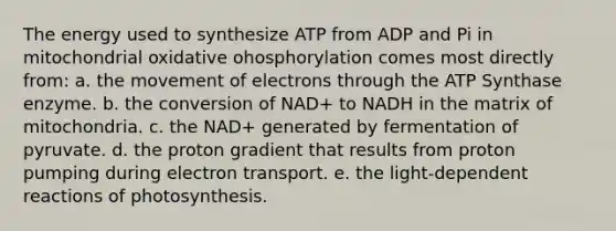 The energy used to synthesize ATP from ADP and Pi in mitochondrial oxidative ohosphorylation comes most directly from: a. the movement of electrons through the ATP Synthase enzyme. b. the conversion of NAD+ to NADH in the matrix of mitochondria. c. the NAD+ generated by fermentation of pyruvate. d. the proton gradient that results from proton pumping during electron transport. e. the light-dependent reactions of photosynthesis.