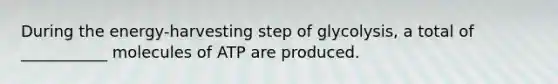 During the energy-harvesting step of glycolysis, a total of ___________ molecules of ATP are produced.