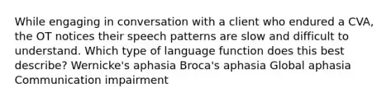 While engaging in conversation with a client who endured a CVA, the OT notices their speech patterns are slow and difficult to understand. Which type of language function does this best describe? Wernicke's aphasia Broca's aphasia Global aphasia Communication impairment