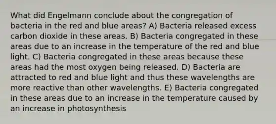 What did Engelmann conclude about the congregation of bacteria in the red and blue areas? A) Bacteria released excess carbon dioxide in these areas. B) Bacteria congregated in these areas due to an increase in the temperature of the red and blue light. C) Bacteria congregated in these areas because these areas had the most oxygen being released. D) Bacteria are attracted to red and blue light and thus these wavelengths are more reactive than other wavelengths. E) Bacteria congregated in these areas due to an increase in the temperature caused by an increase in photosynthesis