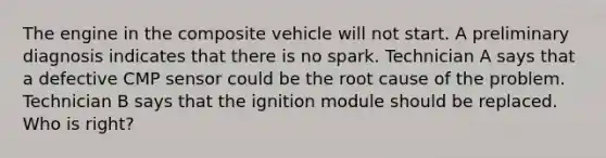 The engine in the composite vehicle will not start. A preliminary diagnosis indicates that there is no spark. Technician A says that a defective CMP sensor could be the root cause of the problem. Technician B says that the ignition module should be replaced. Who is right?