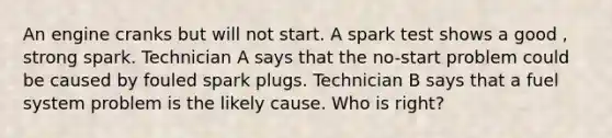 An engine cranks but will not start. A spark test shows a good , strong spark. Technician A says that the no-start problem could be caused by fouled spark plugs. Technician B says that a fuel system problem is the likely cause. Who is right?