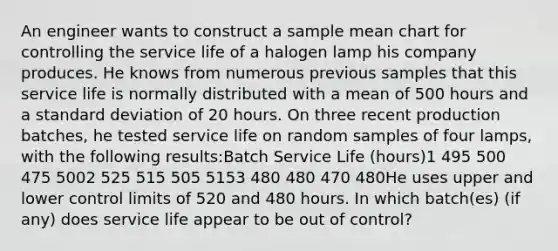 An engineer wants to construct a sample mean chart for controlling the service life of a halogen lamp his company produces. He knows from numerous previous samples that this service life is normally distributed with a mean of 500 hours and a standard deviation of 20 hours. On three recent production batches, he tested service life on random samples of four lamps, with the following results:Batch Service Life (hours)1 495 500 475 5002 525 515 505 5153 480 480 470 480He uses upper and lower control limits of 520 and 480 hours. In which batch(es) (if any) does service life appear to be out of control?