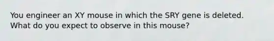 You engineer an XY mouse in which the SRY gene is deleted. What do you expect to observe in this mouse?