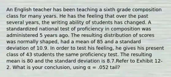 An English teacher has been teaching a sixth grade composition class for many years. He has the feeling that over the past several years, the writing ability of students has changed. A standardized national test of proficiency in composition was administered 5 years ago. The resulting distribution of scores was normally shaped, had a mean of 85 and a <a href='https://www.questionai.com/knowledge/kqGUr1Cldy-standard-deviation' class='anchor-knowledge'>standard deviation</a> of 10.9. In order to test his feeling, he gives his present class of 43 students the same proficiency test. The resulting mean is 80 and the standard deviation is 8.7.Refer to Exhibit 12-2. What is your conclusion, using α = .052 tail?