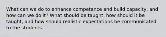 What can we do to enhance competence and build capacity, and how can we do it? What should be taught, how should it be taught, and how should realistic expectations be communicated to the students.