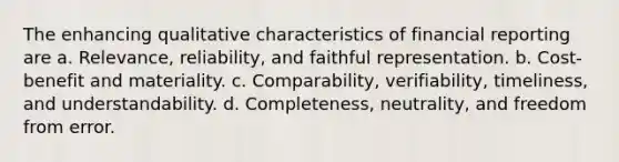 The enhancing qualitative characteristics of financial reporting are a. Relevance, reliability, and faithful representation. b. Cost-benefit and materiality. c. Comparability, verifiability, timeliness, and understandability. d. Completeness, neutrality, and freedom from error.